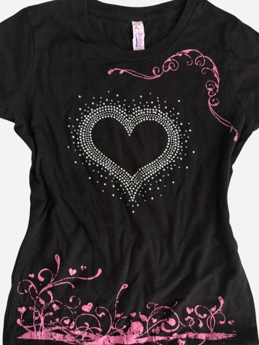 Black Heart Rhinestone Baby Tee with Pink Flourish